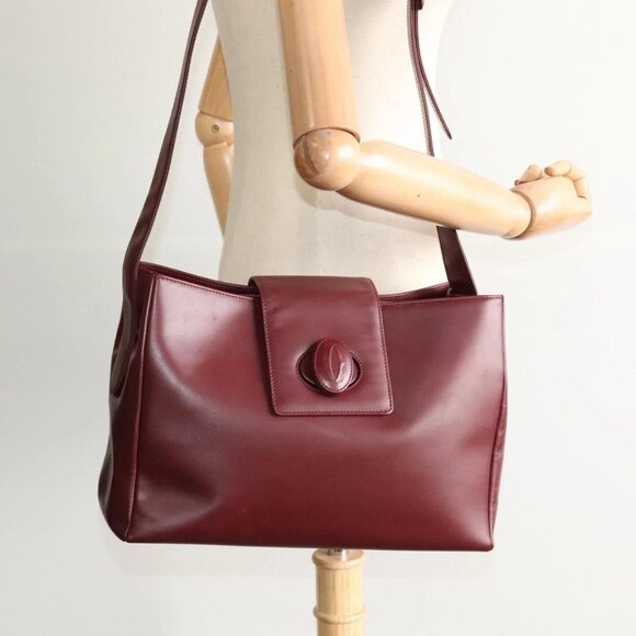 CARTIER Shoulder Bag Leather Bordeaux Gold Auth - Picture 1 of 15